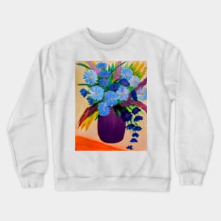 This vase had some long grass and mixed flower bouquet in it . And the vase was a metallic purple color . Crewneck Sweatshirt